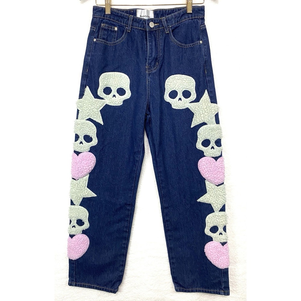 MadeExtreme BlackAir Skull Star Heart Sherpa Patch Jeans Blue Mens‎ M 29x26